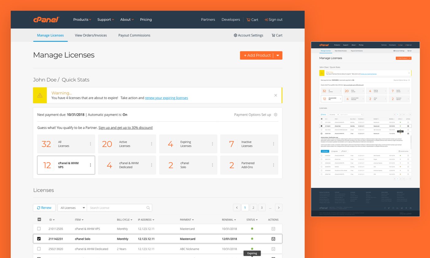Manage licenses page design