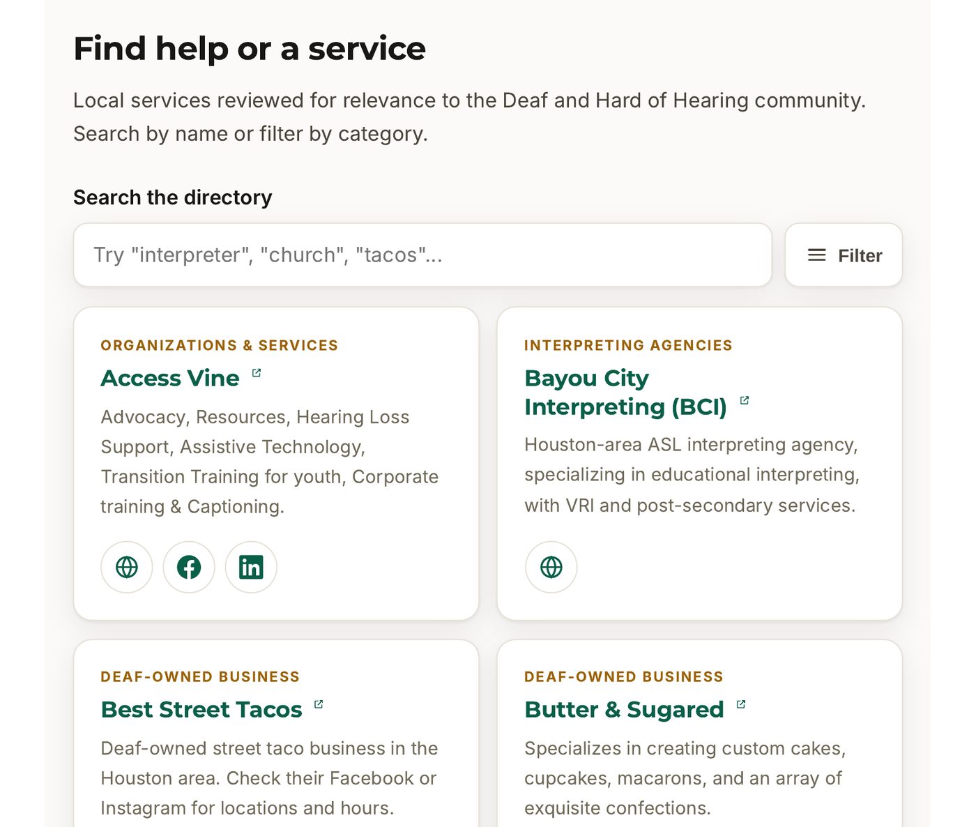 New directory with search field, filters, and listing cards