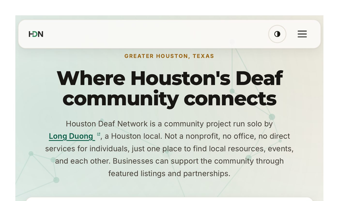 New Houston Deaf Network homepage hero with connected-nodes motif