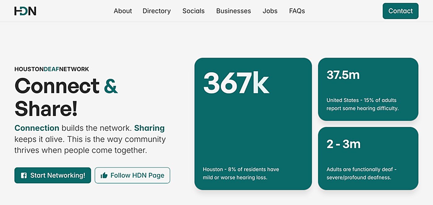 Old Houston Deaf Network site, light theme hero