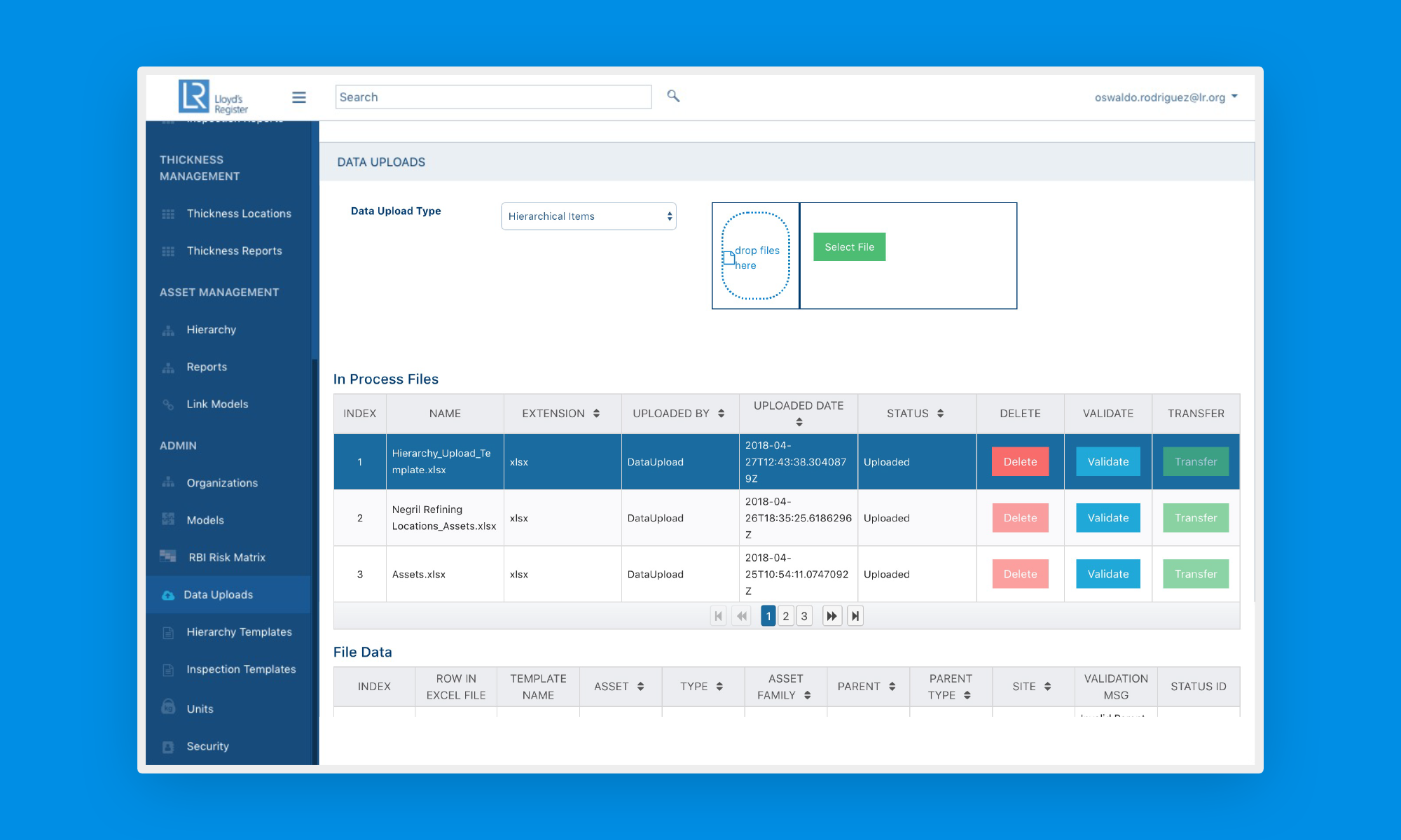Data uploads page before redesign